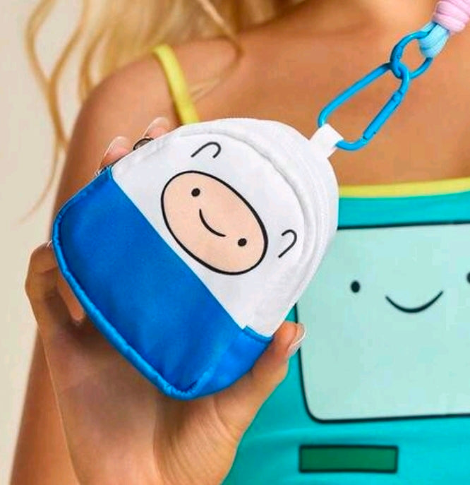Hand holding mini zip coin purse with lanyard, white-and-blue character face