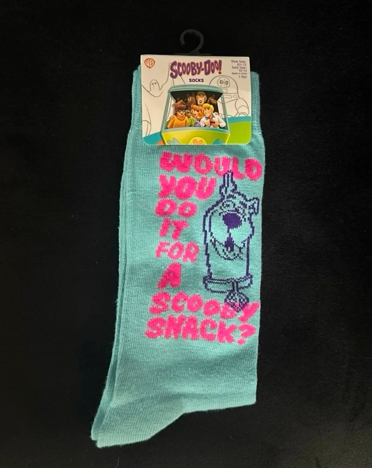 Scooby-Doo socks in teal with purple and pink cartoon dog graphic and text