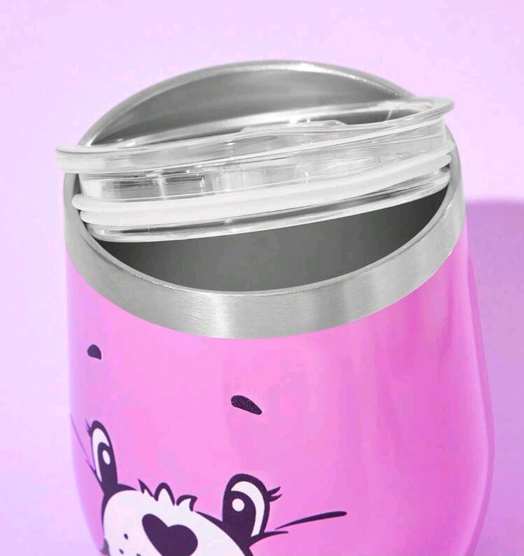 Pink insulated tumbler with clear sliding lid and stainless steel top rim