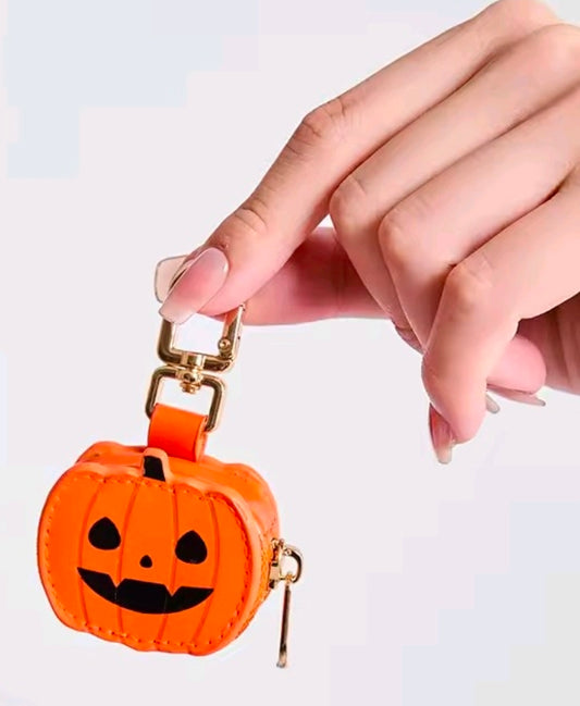 Mini orange pumpkin jack-o-lantern coin purse keychain with zipper and keyring