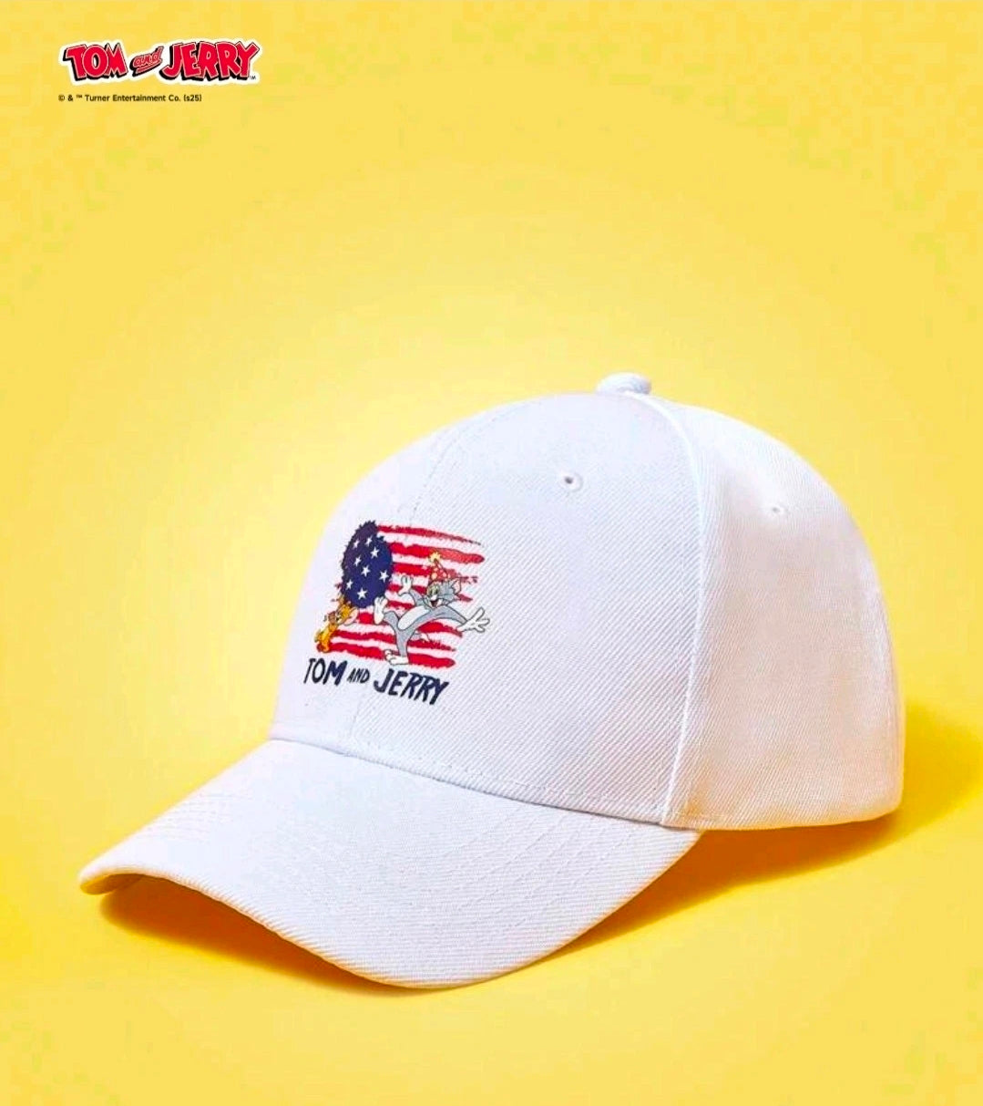 White baseball cap with Tom and Jerry patriotic US flag logo on front