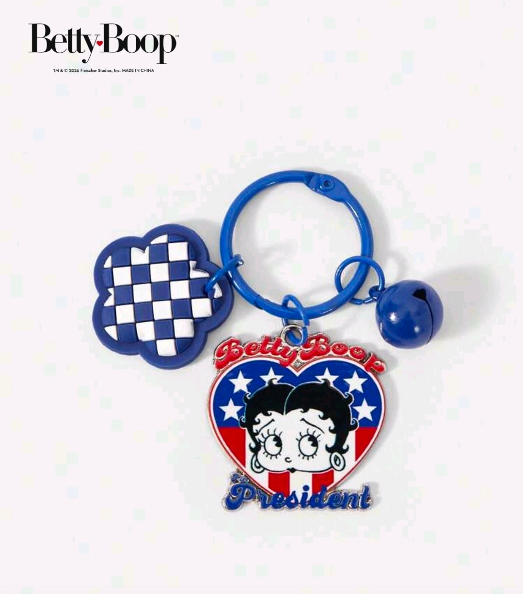 Patriotic enamel Betty Boop keychain with blue loop, check heart, and President badge