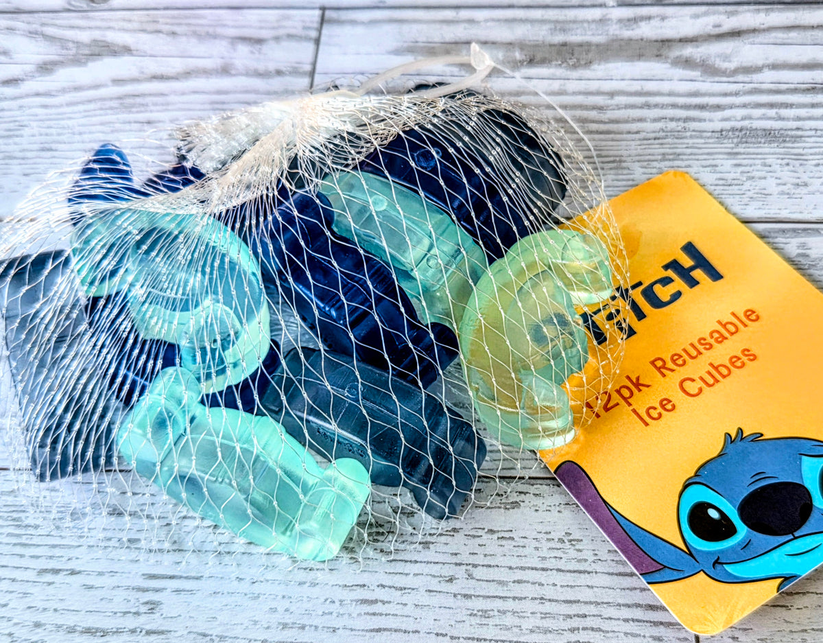 Reusable ice cube scrubbers set, blue mesh with Stitch packaging card