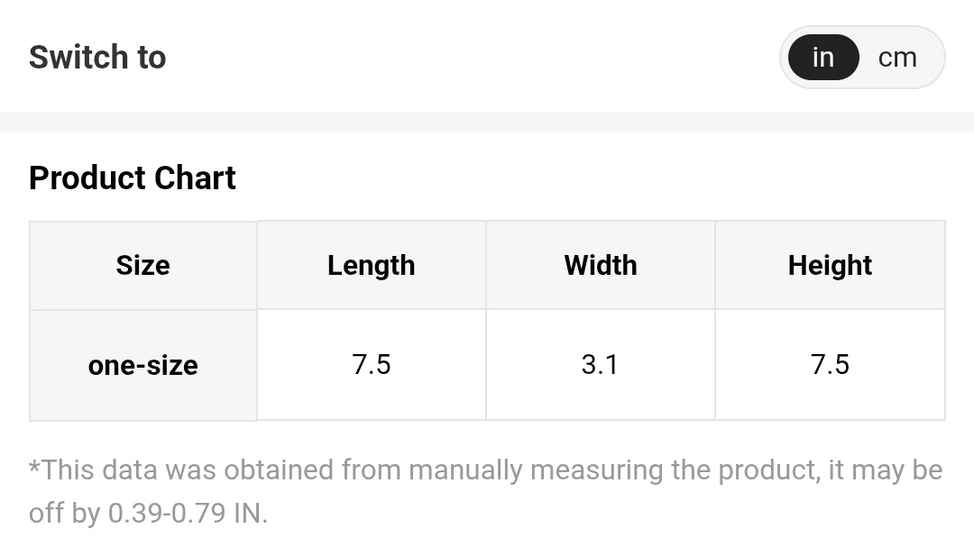 One-size crew sock chart: length 7.5 in, width 3.1 in, height 7.5 in