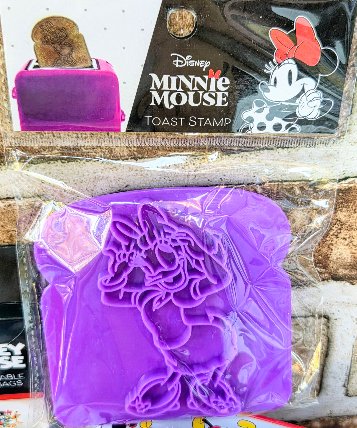 Minnie Mouse toast stamp, purple silicone mold in blister packaging