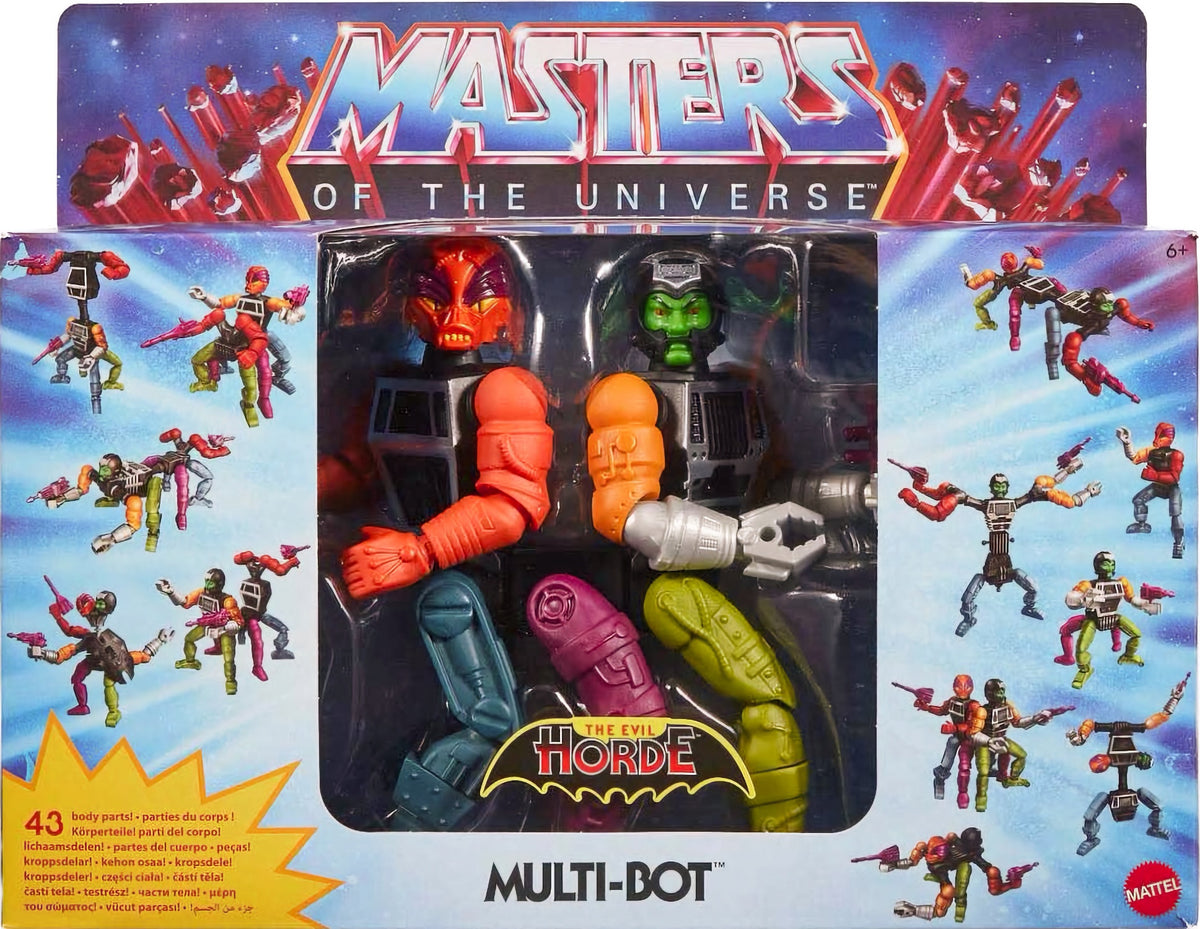 MOTU Evil Horde Multi-Bot box showing 43-part modular robot figures and accessories