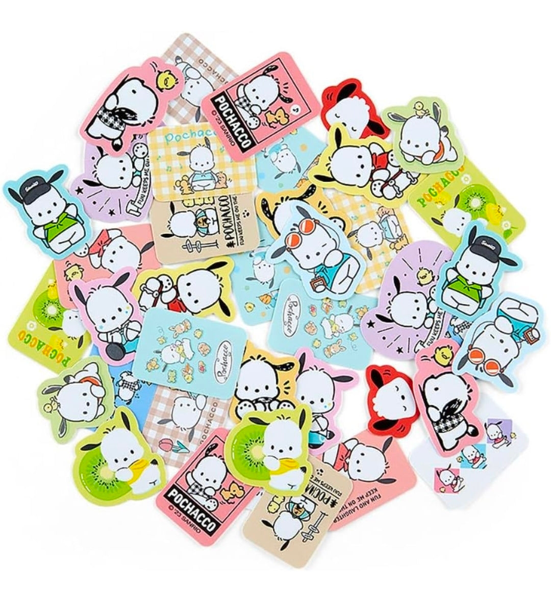 Pochacco die-cut sticker flakes sheet with white dog characters and colorful frames