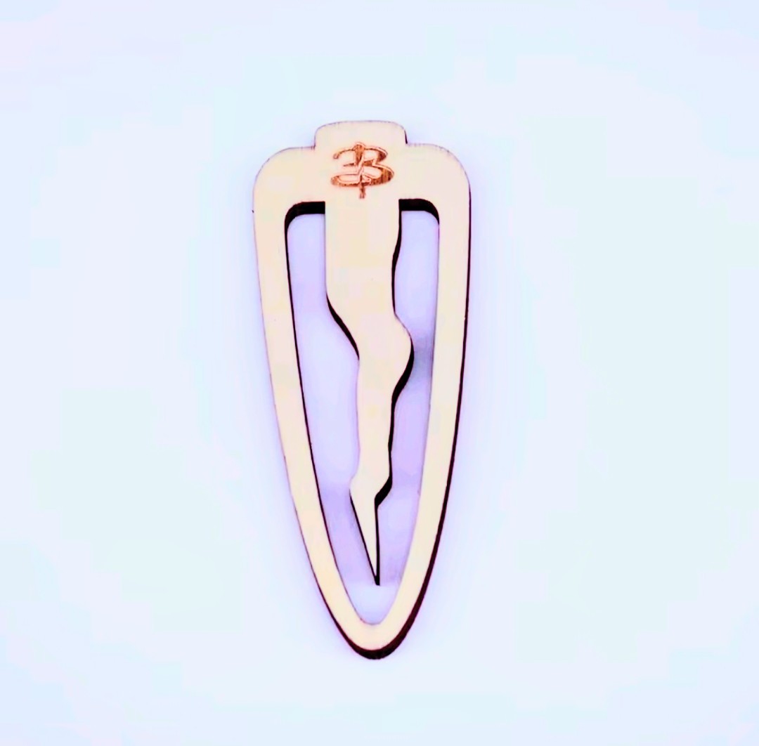 Wood stake bookmark with dagger silhouette and crest symbol at top, light wood tone