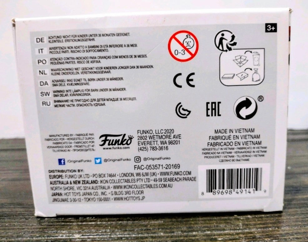Funko Pop vinyl figure box back with barcode, logos, and CE markings