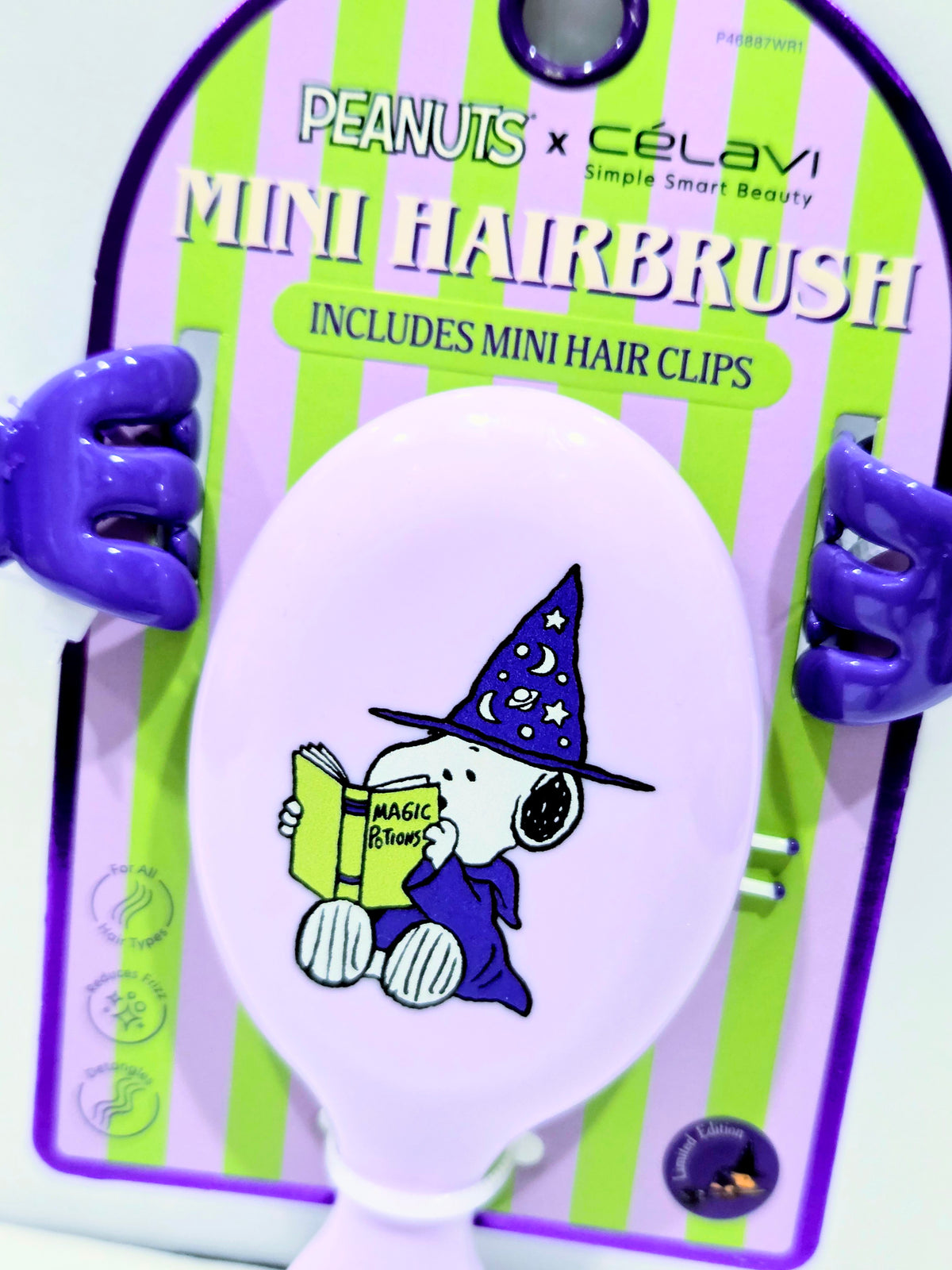 Peanuts x Celavi mini hairbrush set card with white brush and included mini clips