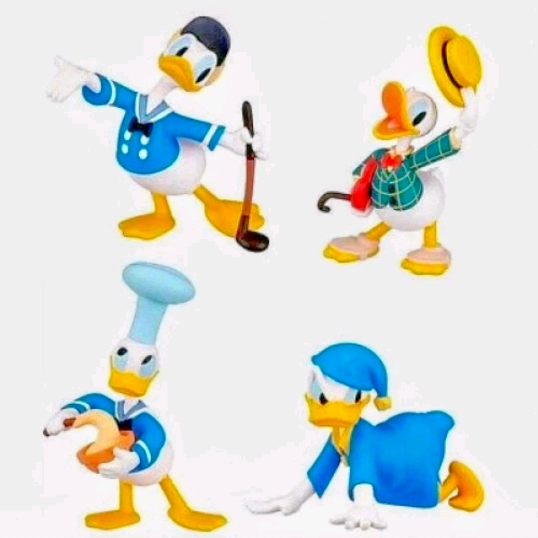 Four Donald Duck costume figures displayed together, blue and red accents, various sitting and crouching poses