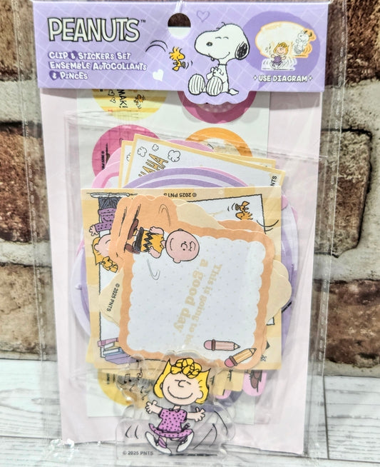Stationery clip & sticker set pack with Snoopy and Peanuts character designs