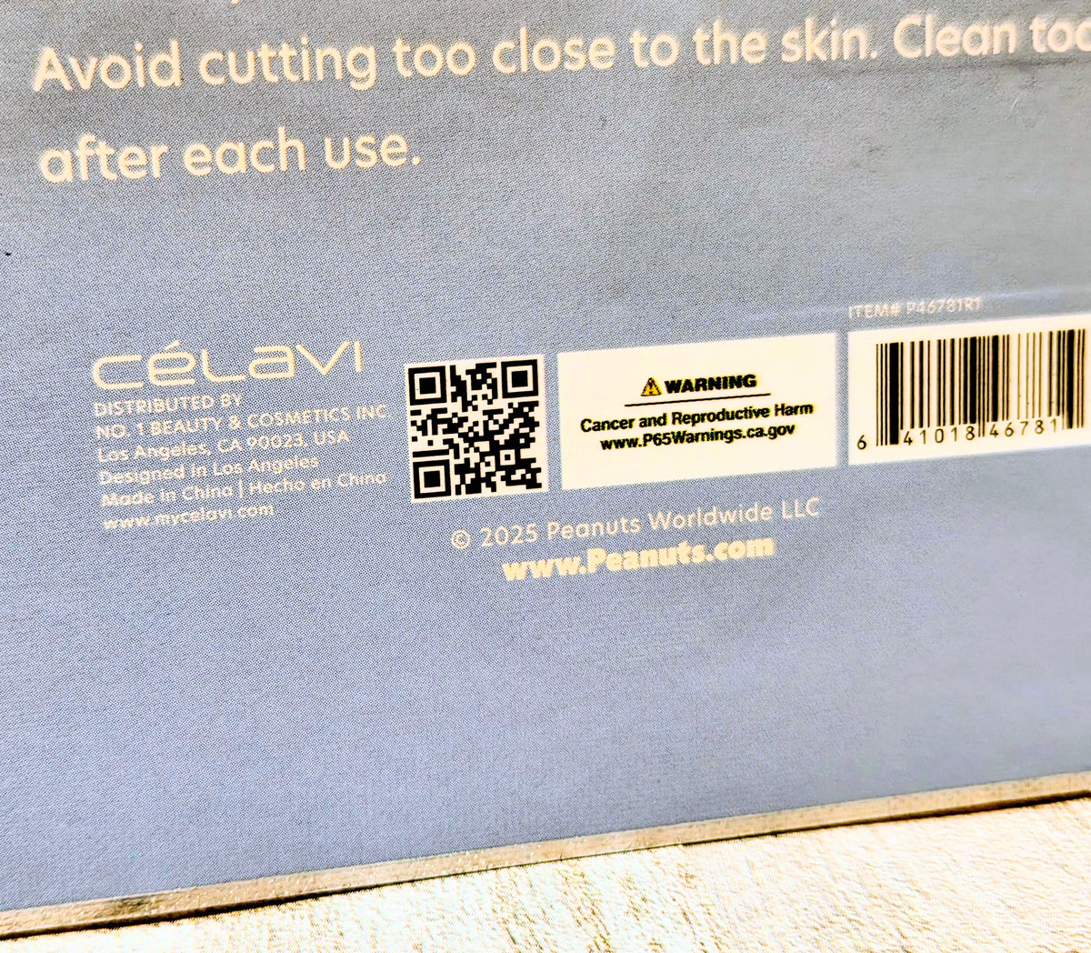 CÉLAVI Peanuts gift bundle box back with QR code, warning label, and barcode