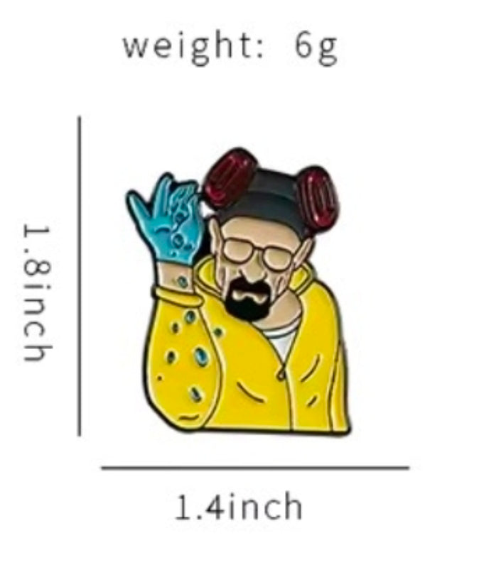 Cartoon chemistry-themed enamel pin of man with blue hand and yellow suit