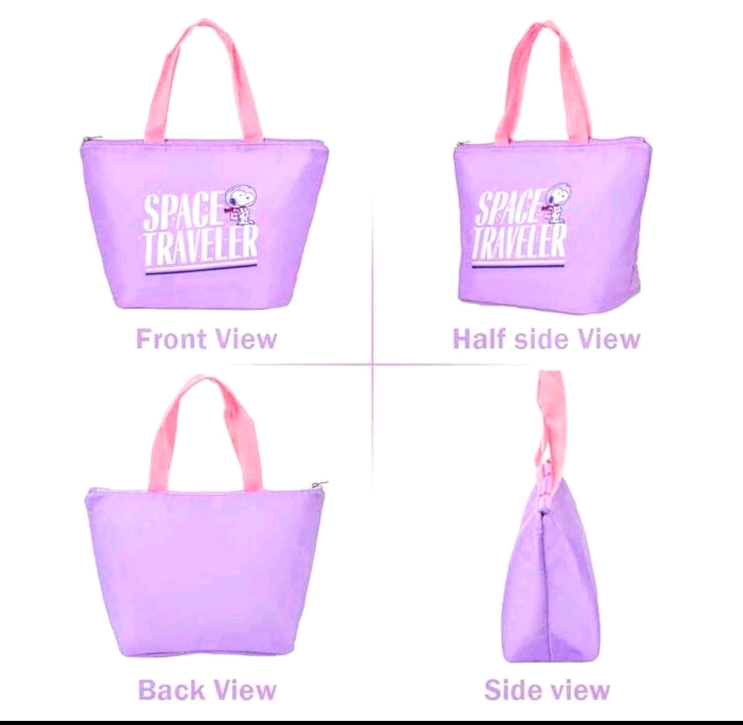 Purple insulated lunch bag tote with pink handles, “Space Traveler” Snoopy on multiple sides