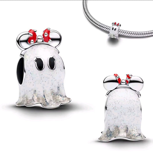 Minnie Mouse ghost charm with red bow ears, glittery white body, shown with bracelet