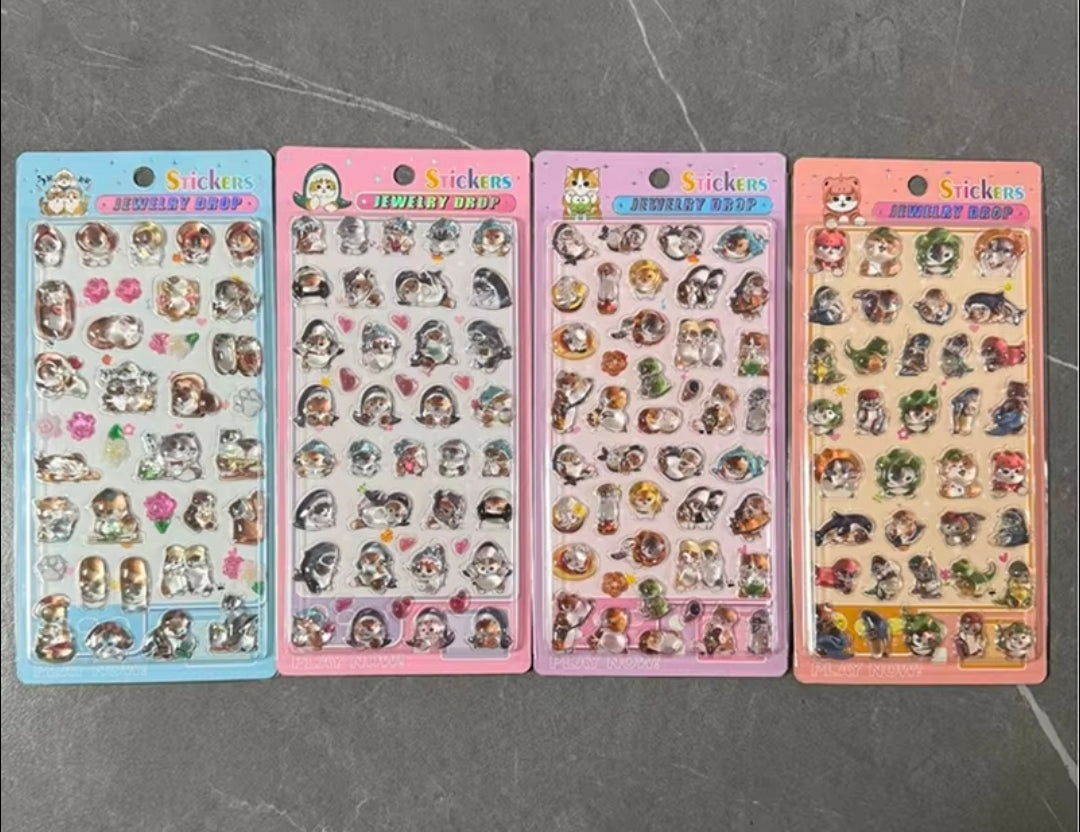 Cat jewelry drop puffy sticker sheet set, multiple pastel colors with cute cat faces