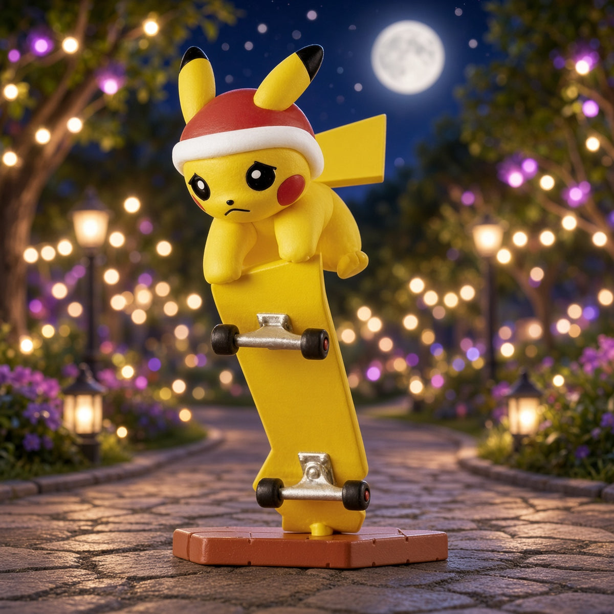 Pikachu mini figure wearing Santa hat and holding unicycle handlebars on orange-brown brick base