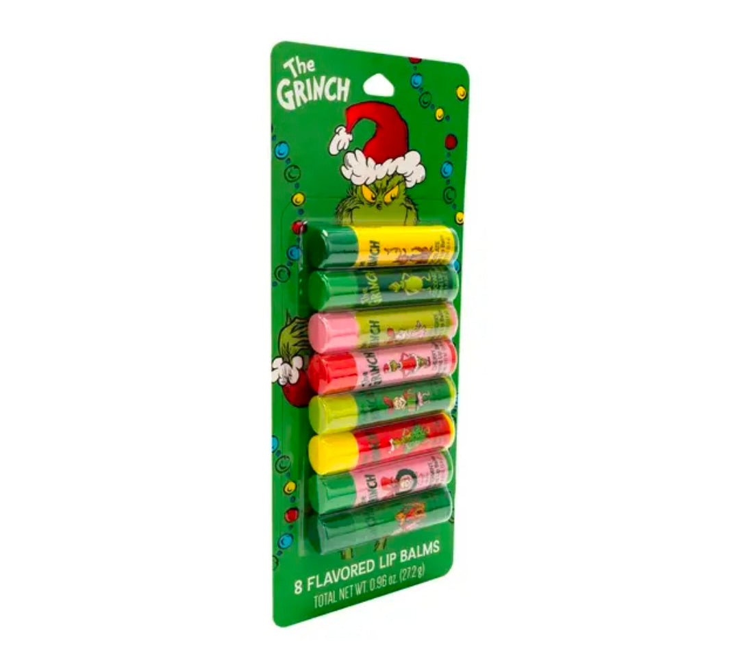 The Grinch 8-pack flavored lip balm blister pack with eight stacked balm tubes