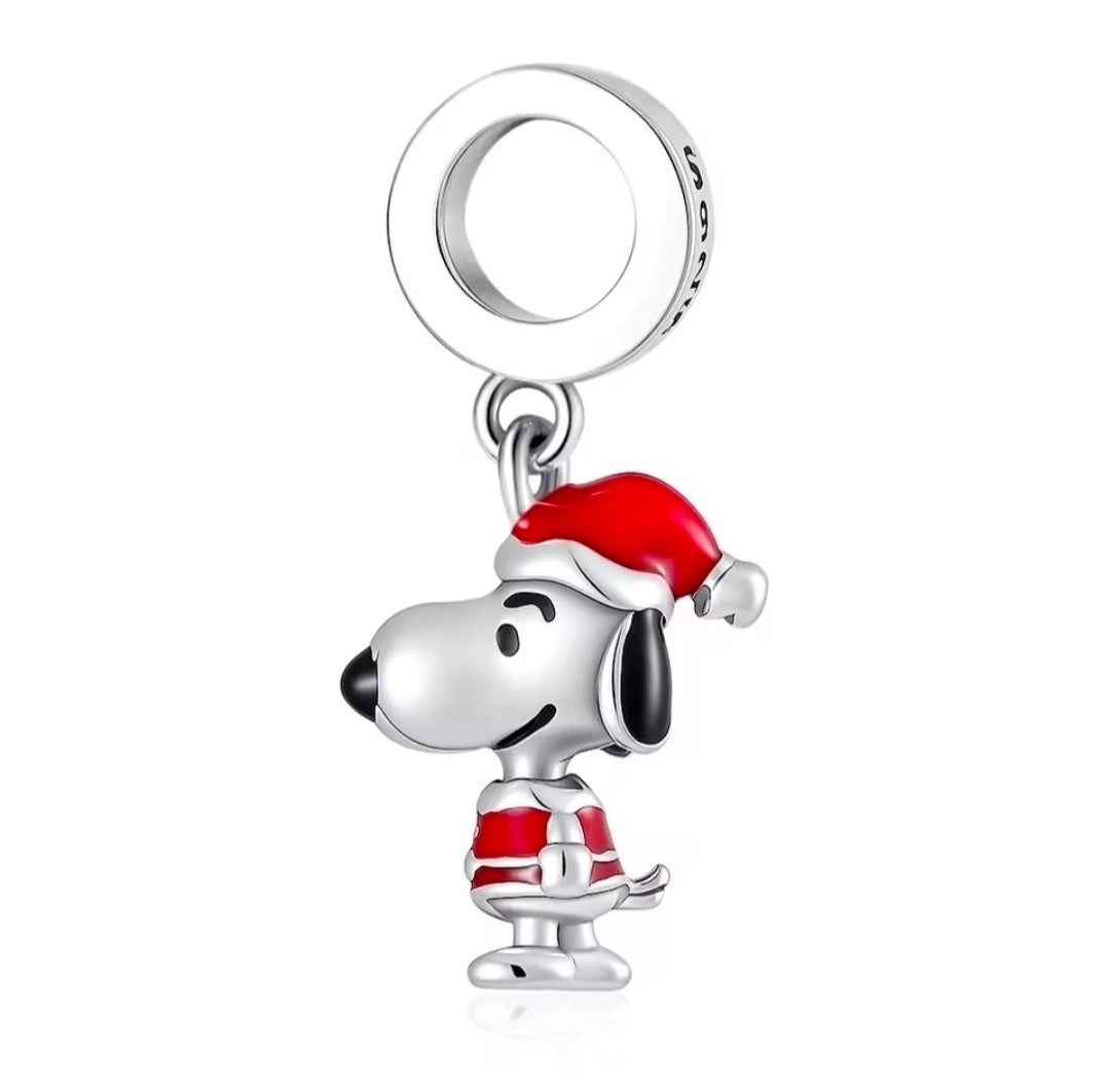 Sterling silver Snoopy Santa dangle charm with red hat and suit
