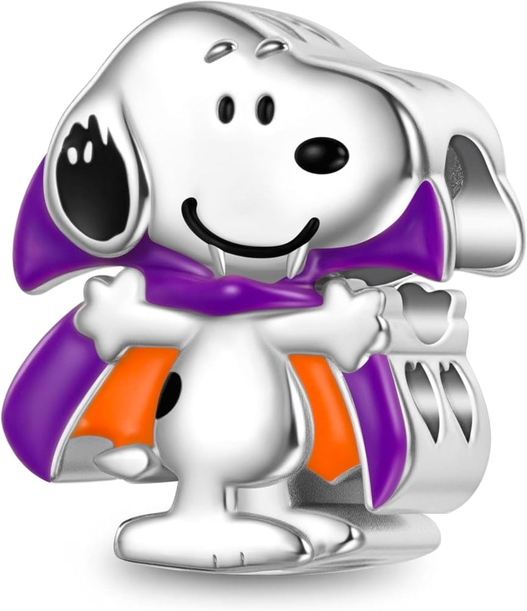 3D Snoopy vampire charm bead with purple cape, orange accents, and silver detailing