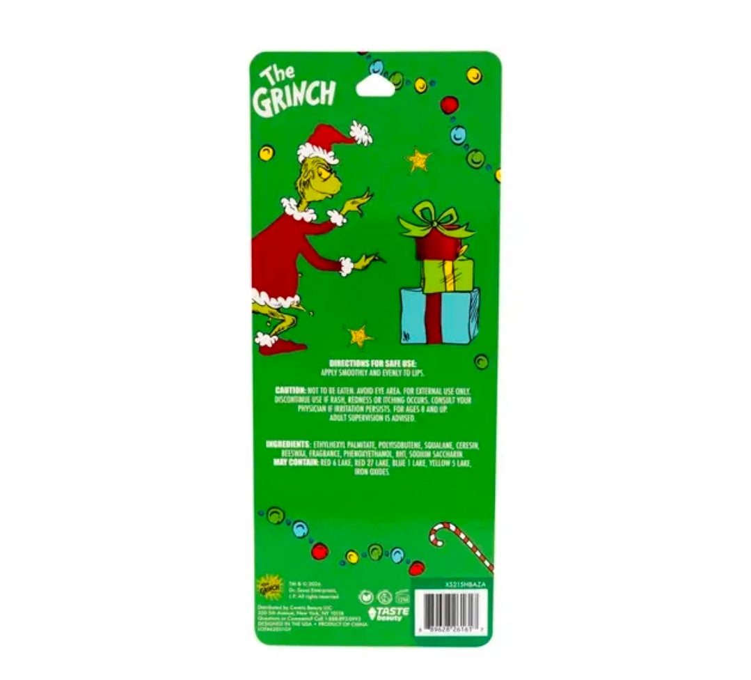 The Grinch 8-pack flavored lip balm package back with barcode and ingredient text
