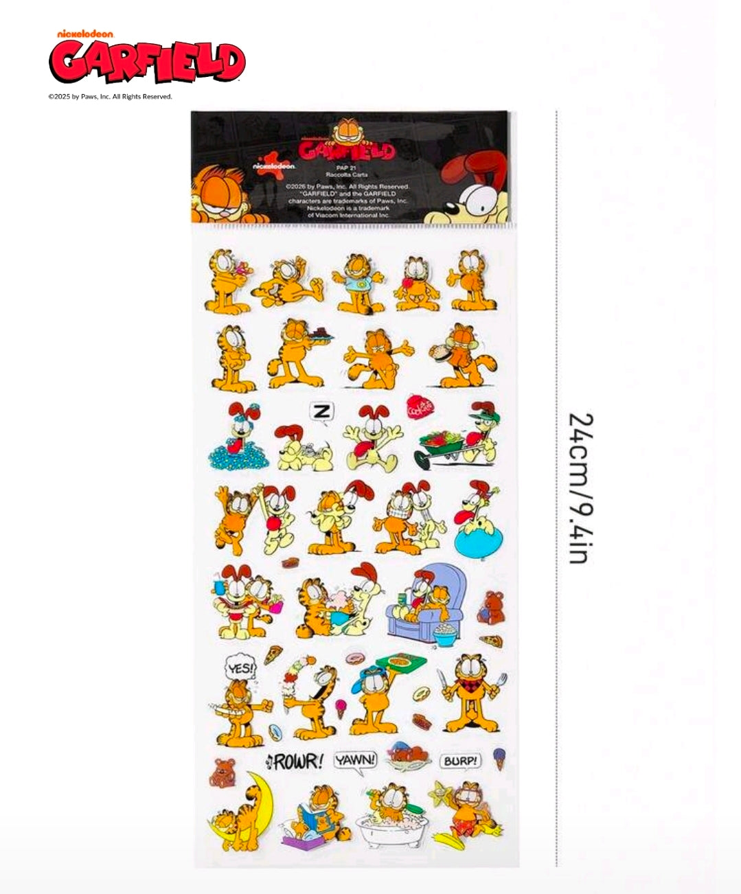 Garfield clear-backed sticker sheet, full page of small character stickers with text