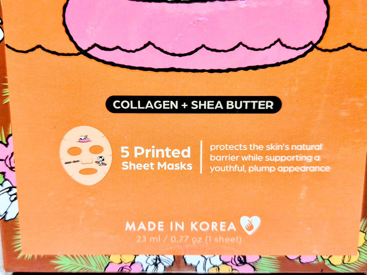 Collagen + shea butter face sheet masks box panel: 5 printed sheet masks