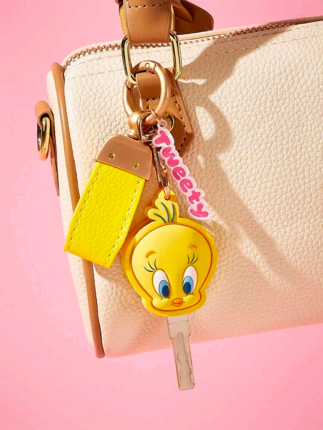 Tweety Bird face charm key holder on yellow strap with gold key ring