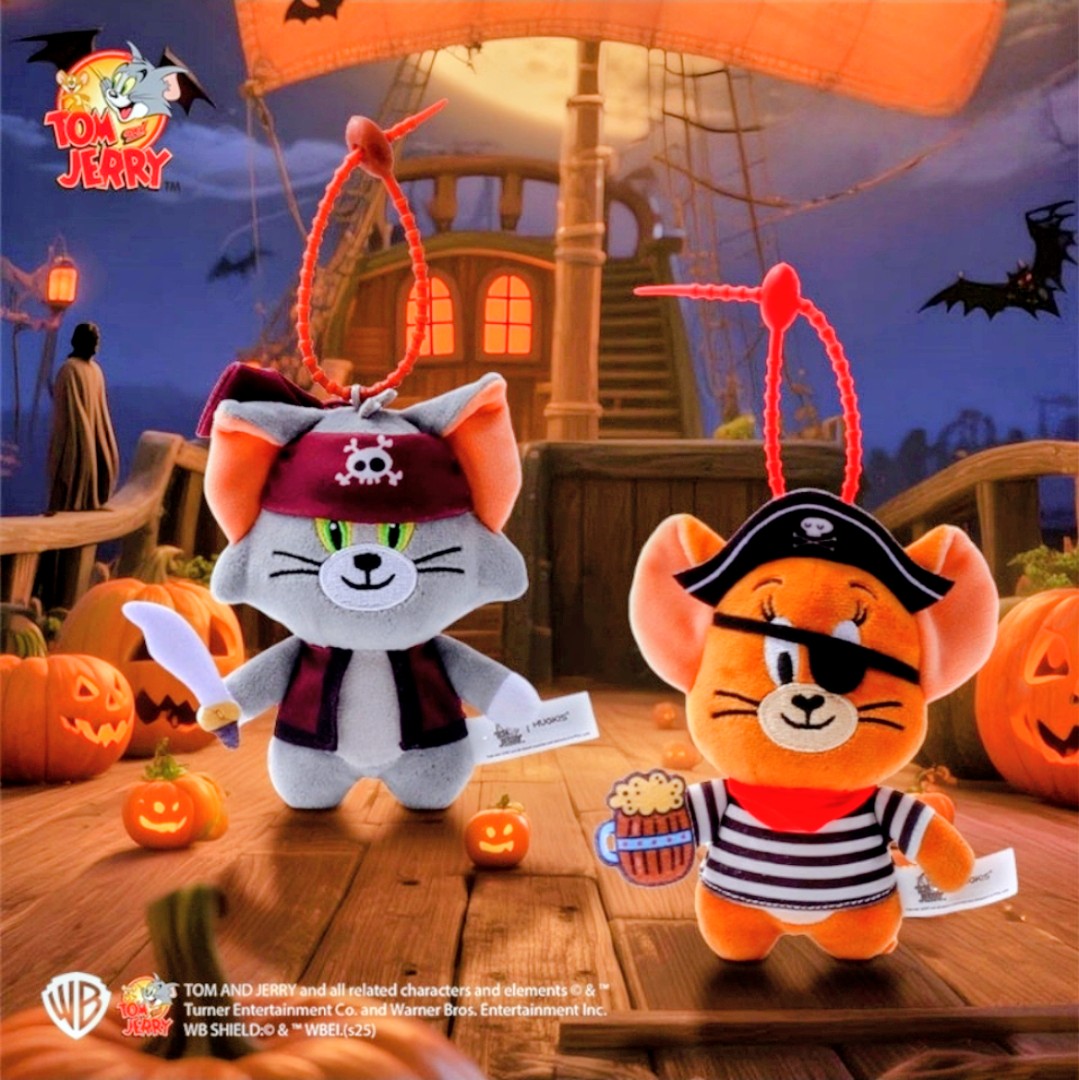 Pirate cat plush keychain with red hat, skull bandana, and dangling loop