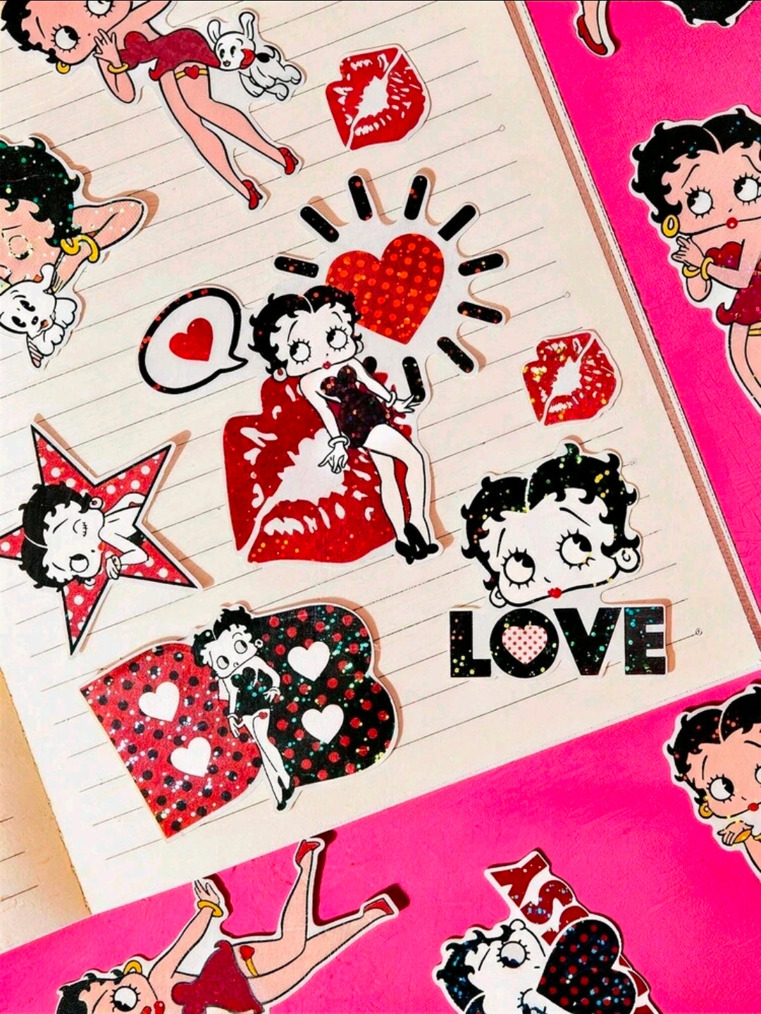Betty Boop holographic decal sticker pack sheet with hearts, LOVE text, and characters.