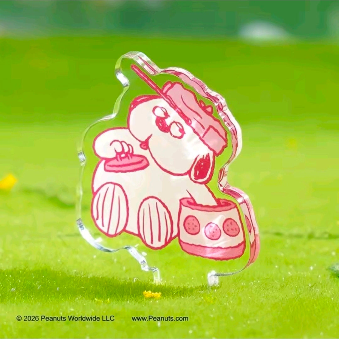 Snoopy face acrylic balloon ornament with pink hat and heart-shaped guitar