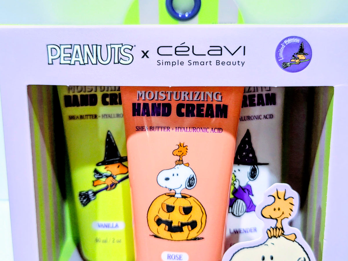 Halloween hand cream trio gift box with three tubes and Peanuts x Celavi branding