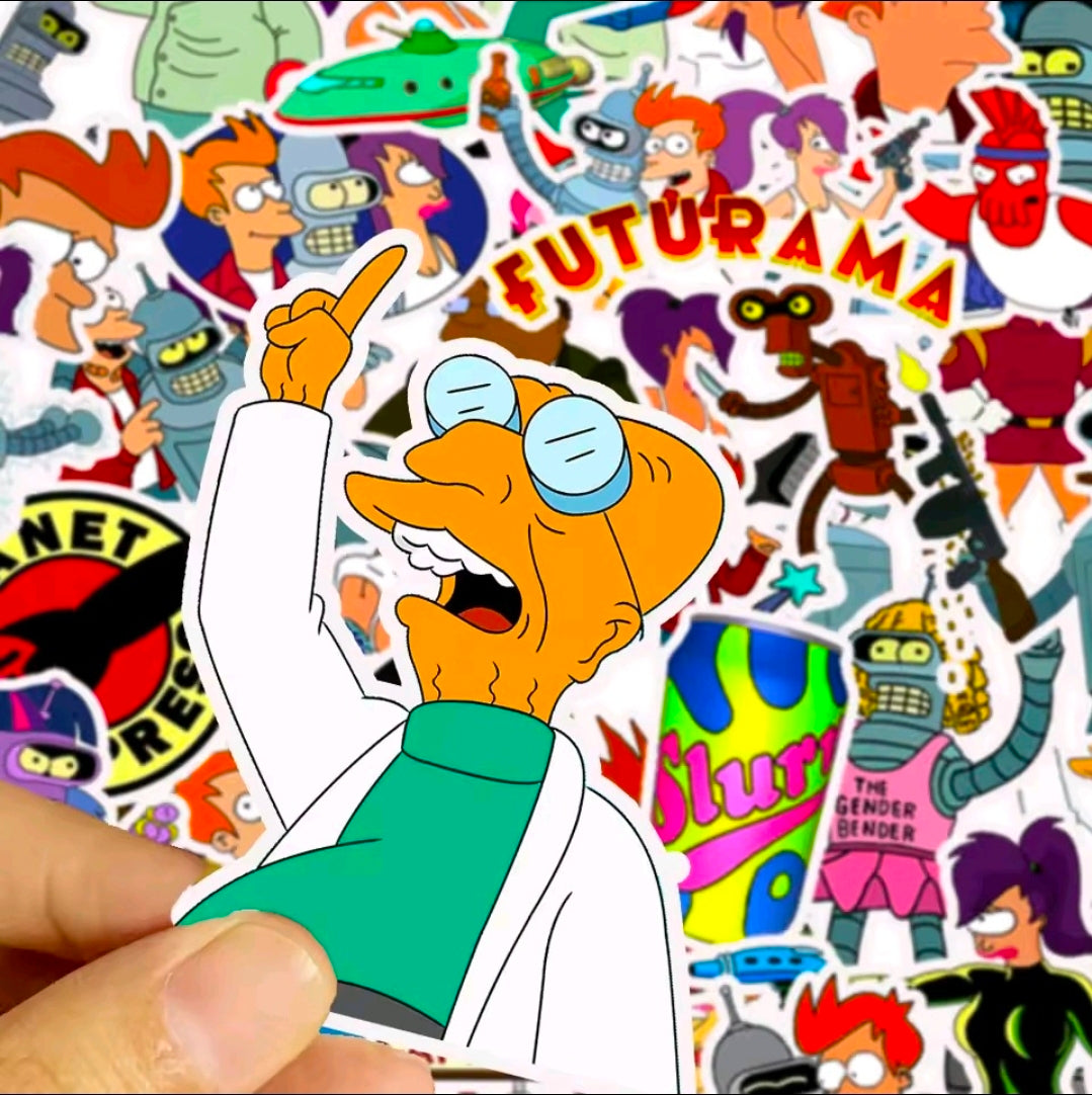 Futurama vinyl sticker of an orange-haired character and a white robot head