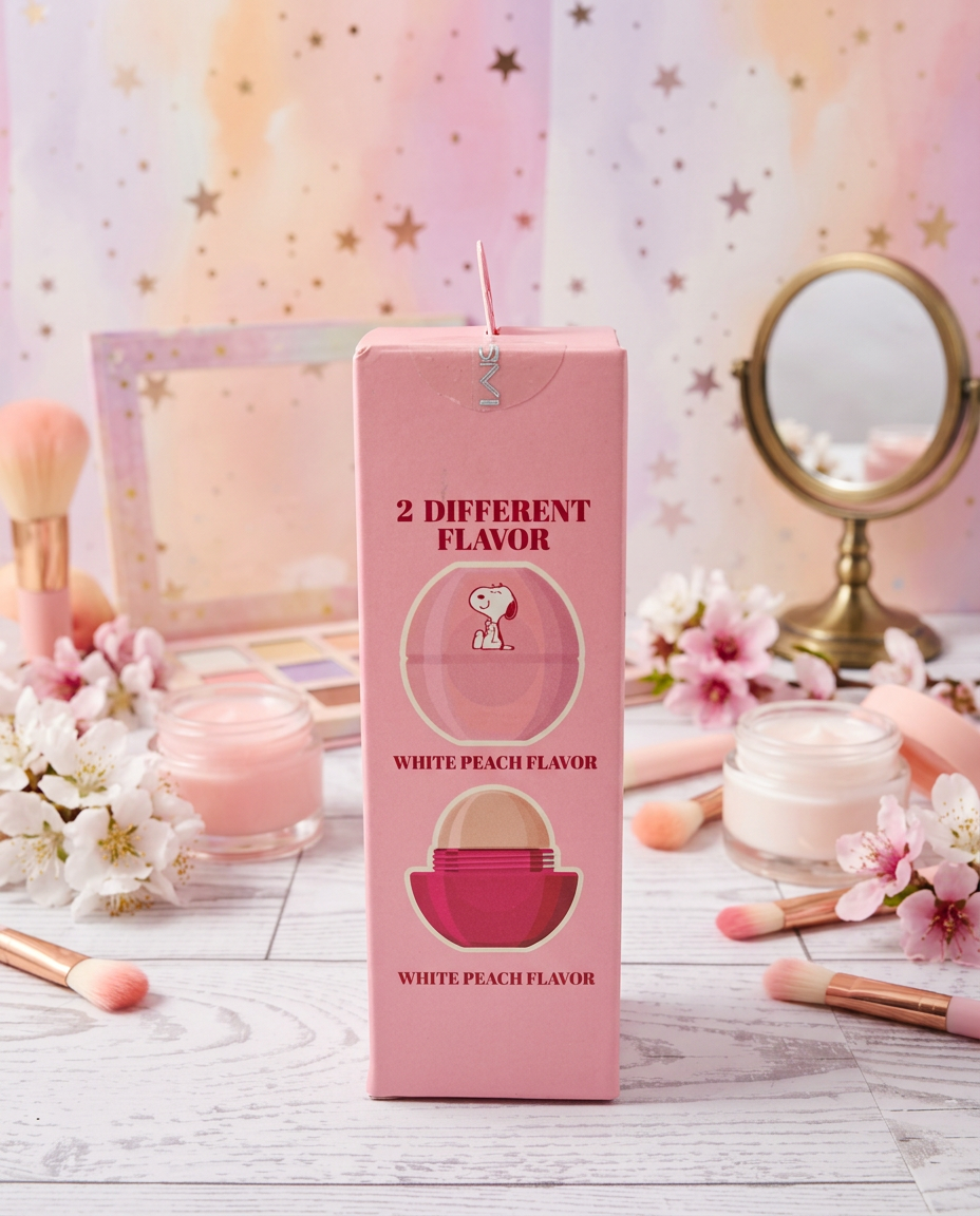 Pink lip balm box with 2 different flavors; white peach flavor, Snoopy design