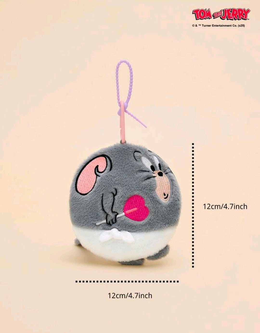Grey round plush keychain bag charm with pink lanyard loop and pink heart