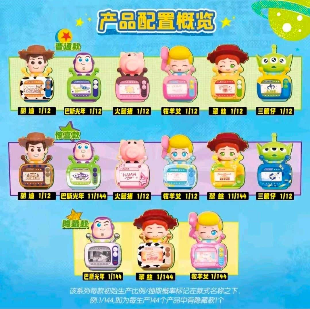 Toy Story TV figure and phone mount collection lineup with colorful character designs