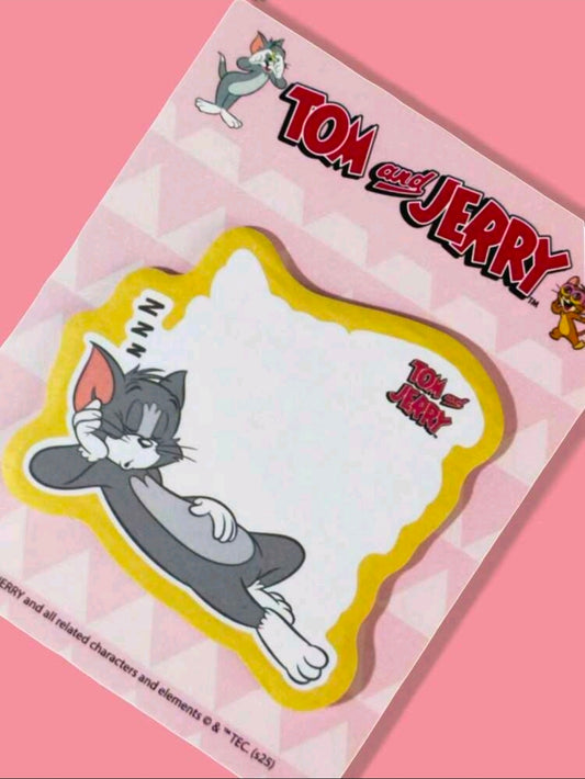 Tom & Jerry die-cut sticky note pad close-up of sleeping Tom note, yellow border
