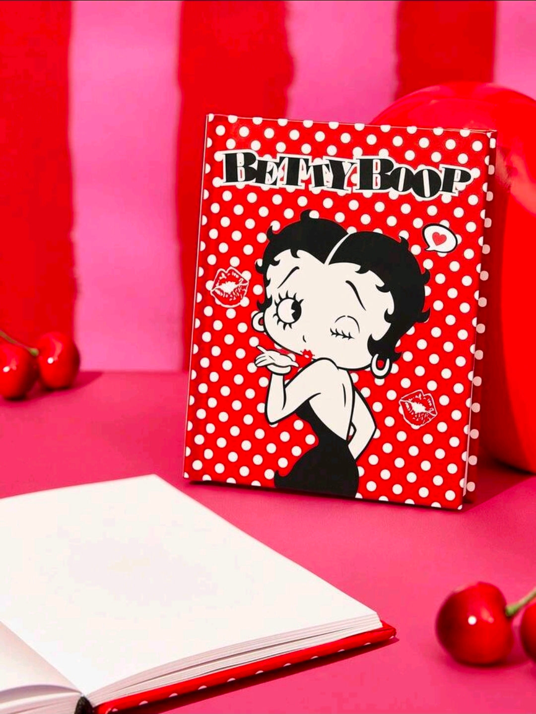 Hardcover blank notebook with Betty Boop graphic on red polka-dot cover