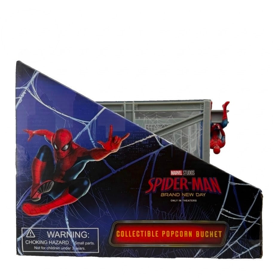 Spider-Man collectible popcorn bucket box with warning label and web design