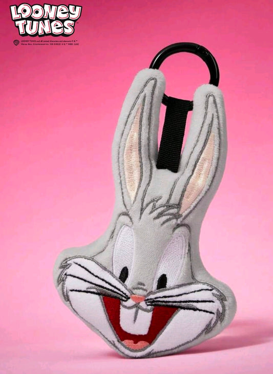 Gray plush rabbit face keychain charm with black loop and red-open mouth, upright ears