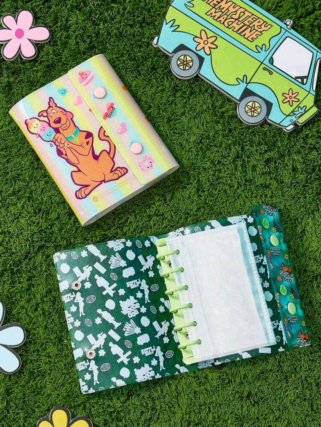 Pastel A7 ring binder photo album open to patterned pages with Scooby-Doo cover