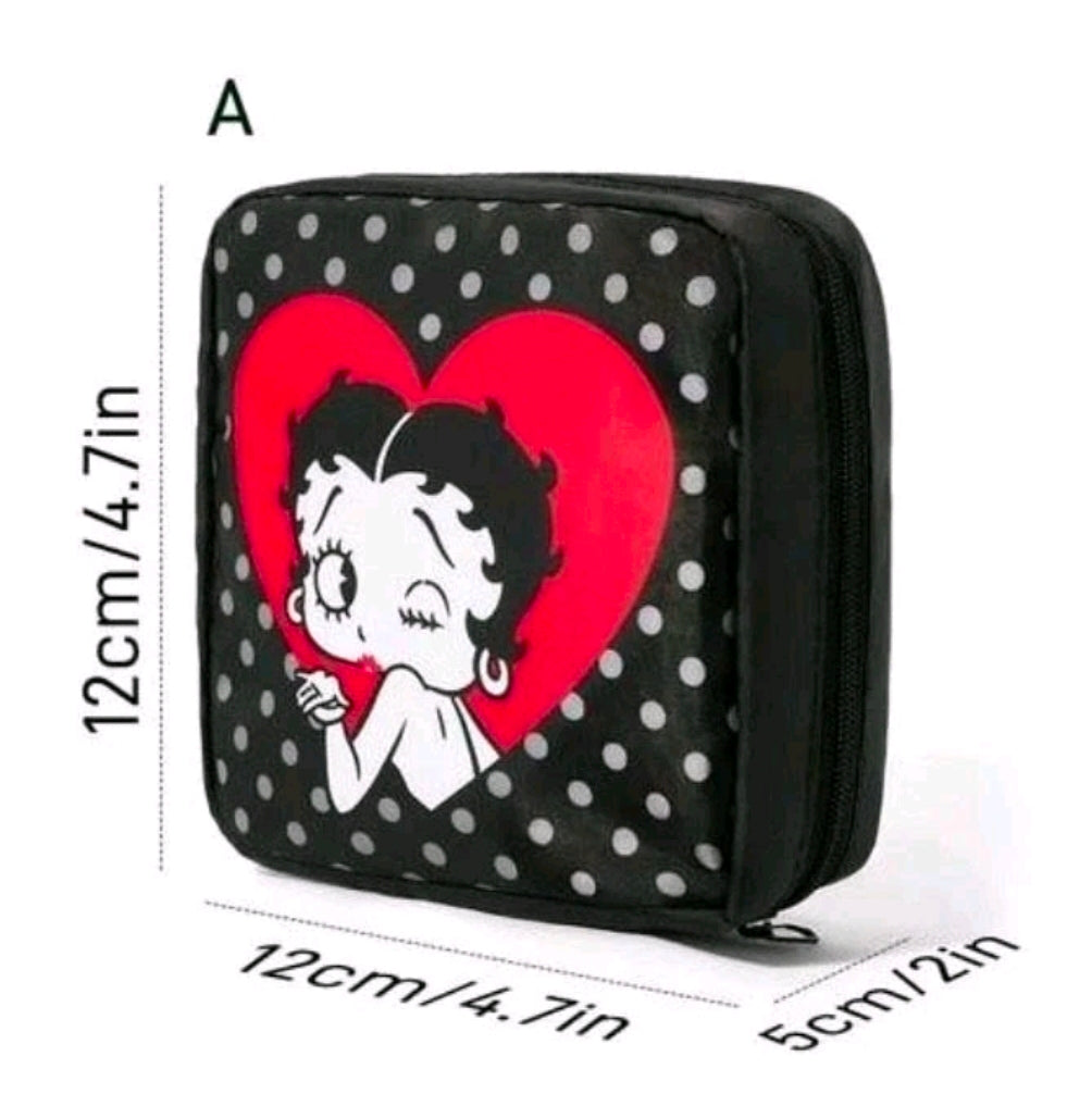 Black polka-dot zipper pouch with Betty Boop in a red heart motif