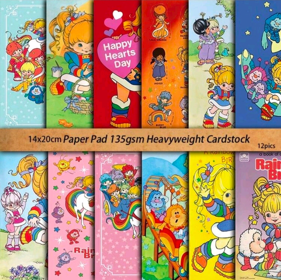 Rainbow Brite paper pad assortment with hearts and character designs on multiple vertical sheets
