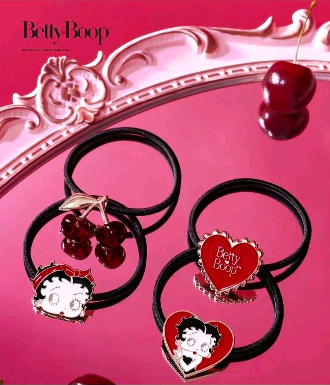 Hair tie set: 4 black elastics with red heart, bow, and cherry charm accents