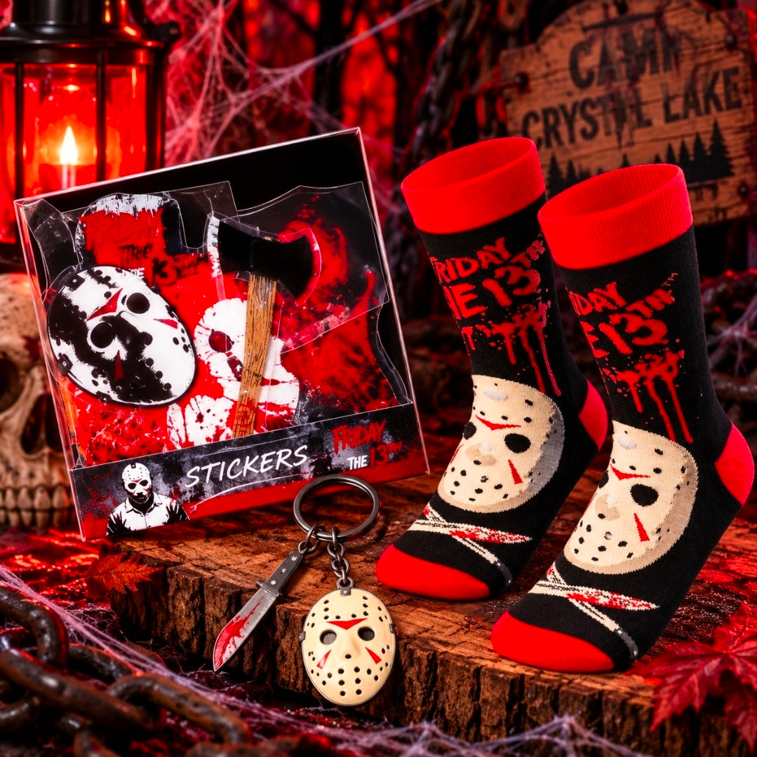 Camp counselor kit with black/red socks plus keychain and sticker sheet