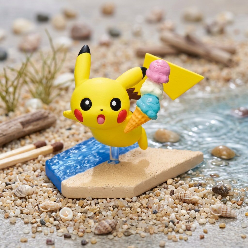 Seaside mini figure: yellow Pikachu with pink scooped treat and blue bottom on beach base