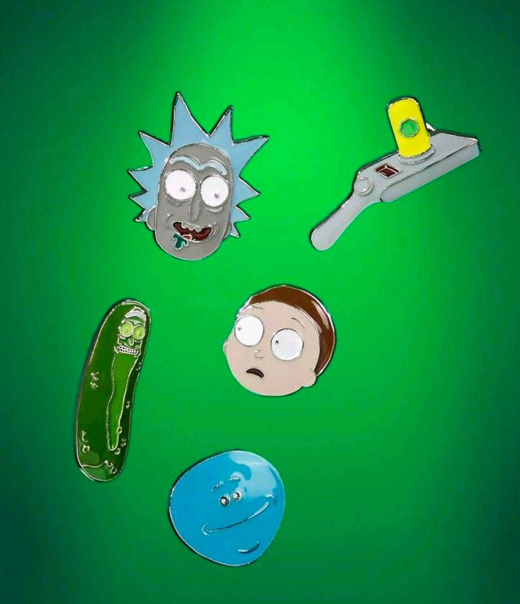 Five enamel character pins: Rick head, portal gun, pickle Rick, Meeseeks face, blue portal circle