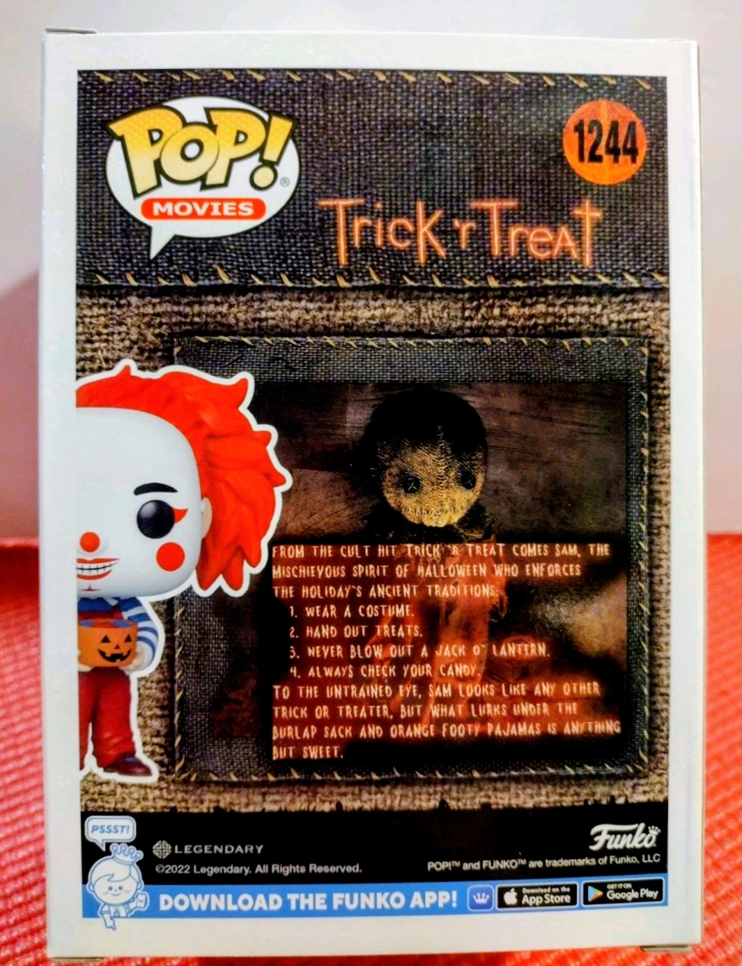 Funko Pop! Chuckles box back with character window and Trick 'r Treat themed graphics
