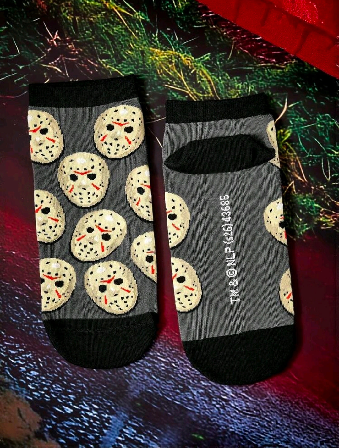 2-pack ankle socks with Jason hockey mask prints, black trim on dark gray and black